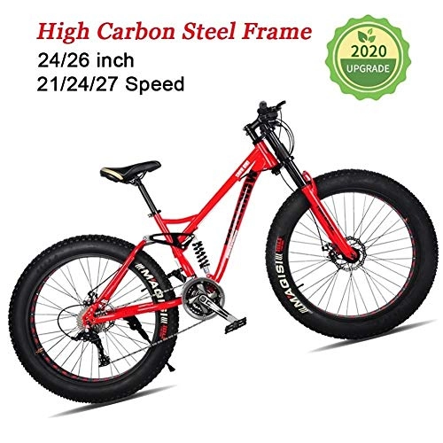 Fat Tyre Bike : LYRWISHJD Fat Tire Adult Mountain Bike, Lightweight High-Carbon Steel Frame Cruiser Bikes, Beach Snow Bike Mens Bicycle, Double Disc Brake 26 Inch Wheels (Color : Red, Size : 24 inch)