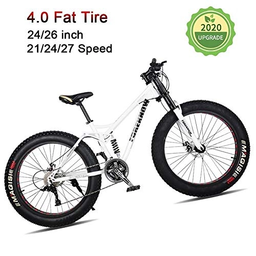 Fat Tyre Bike : LYRWISHJD Fat Tire Adult Mountain Bike, Lightweight High-Carbon Steel Frame Cruiser Bikes, Beach Snow Bike Mens Bicycle, Double Disc Brake 26 Inch Wheels (Color : White, Size : 26 inch)