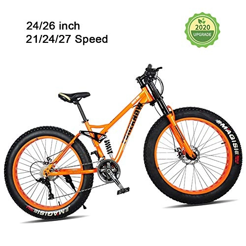 Fat Tyre Bike : LYRWISHJD Soft Tail Mountain Bikes 26 Inch 27 Speed Bicycle With Double Disc Brake High Carbon Steel Frame Double Suspension For Unisex Adult Student Outdoors (Color : Orange, Size : 24 inch)