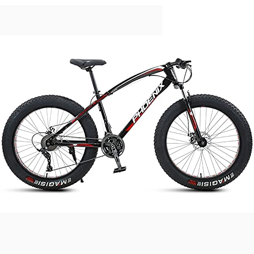 Fat Tyre Bike : LZHi1 26 Inch Fat Tire Mountain Bike With Suspension Fork, 24 Speed Adult Mountain Bicycle With Dual Disc Brakes, Outdoor Sports Snow Mountain Bicycle For Adult Men Women(Color:Black red)