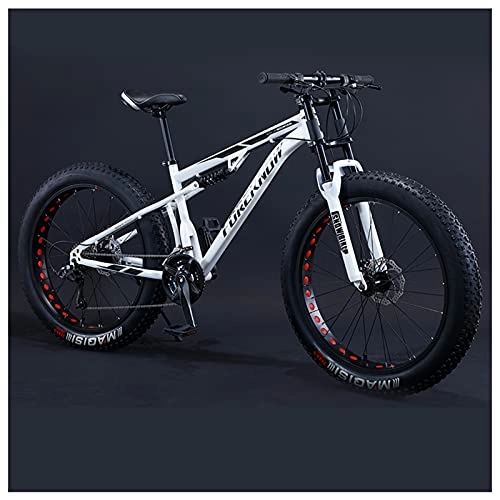 Fat Tyre Bike : NENGGE 24 Inch Mountain Bikes, Adult Boys Girls Fat Tire Mountain Trail Bike, Dual-Suspension Bicycle, High-Carbon Steel Frame, Anti-Slip Off-Road Bikes, White, 30 Speed