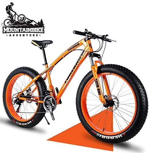 Fat Tyre Bike : NENGGE 24 Inch Mountain Trail Bike with Fat Tire, Adults Men Women Hardtail Mountain Bikes with Front Suspension Mechanical Disc Brakes, Anti-Slip Carbon Steel Mountain Bicycle, Orange, 24 Speed