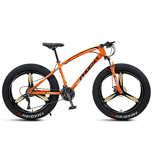 Fat Tyre Bike : NENGGE 26 Inch Mountain Bike for Boys, Girls, Mens and Womens, Adult Fat Tire Mountain Bicycle, Carbon Steel Beach Snow Outdoor Bike, Hardtail, Disc Brakes, Orange 3 Spoke, 30 Speed