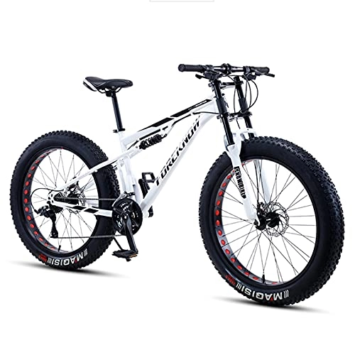 Fat Tyre Bike : NENGGE Dual-Suspension Mountain Bikes with Dual Disc Brake for Adults Men Women 26 / 24 Inch All Terrain Anti-Slip Fat Tire Mountain Bicycle, Carbon Steel Mountain Trail Bike, White, 24 Inch 7 Speed