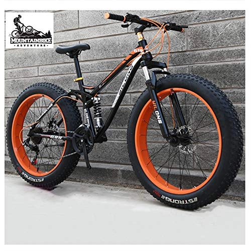 Fat Tyre Bike : NENGGE Dual-Suspension Mountain Bikes with Dual Disc Brake for Adults Men Women, All Terrain Anti-Slip Fat Tire Mountain Bicycle, High-carbon Steel Mountain Trail Bike, Orange, 24 Inch 27 Speed