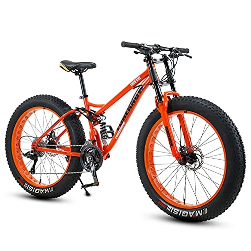 Fat Tyre Bike : NENGGE Fat Tire Bike for Men Women, 26-Inch Wheels, 4-Inch Wide Knobby Tires 7 / 21 / 24 / 27 / 30 Speed Beach Snow Mountain Bicycle, Dual-Suspension & Dual Disc Brake, Orange Spoke, 30 Speed