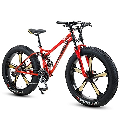 Fat Tyre Bike : NENGGE Fat Tire Bike for Men Women, 26-Inch Wheels, 4-Inch Wide Knobby Tires 7 / 21 / 24 / 27 / 30 Speed Beach Snow Mountain Bicycle, Dual-Suspension & Dual Disc Brake, Red 5 Spoke, 30 Speed