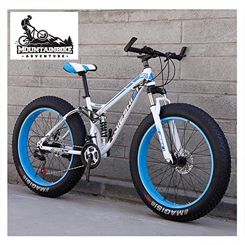 Fat Tyre Bike : NENGGE Full Suspension Mountain Bikes with Dual Disc Brake for Adults Men Women, High-Carbon Steel Fat Tire Mountain Trail Bike All Terrain Mountain Bicycle, Blue 2, 24 Inch 21 Speed