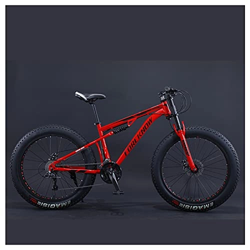 Fat Tyre Bike : NENGGE Mountain Bikes, 26 Inch Fat Tire Hardtail Mountain Bike, Dual Suspension Frame and Suspension Fork All Terrain Mountain Bike for Men Women, 27 Speed, Red Spoke