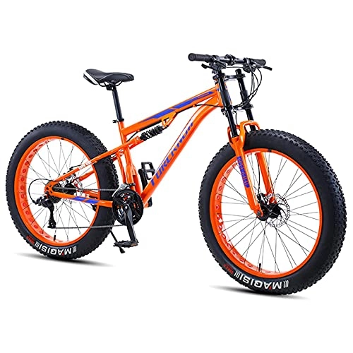 Fat Tyre Bike : NZKW Fat Tire Hardtail Mountain Bike 24 Inch for Men and Women, Dual-Suspension Adult Mountain Trail Bikes, 21 / 27 Speed All Terrain Bicycle with Adjustable Seat & Dual Disc Brake, Orange, 27 Speed