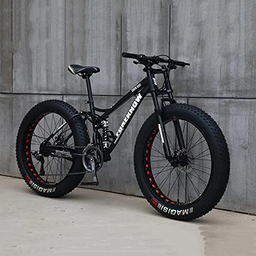 Fat Tyre Bike : PBTRM 26" Mountain Bikes, Fat Tire Mountain Bike, 21-27 Speed Bicycle, High-Carbon Steel Frame, Dual Full Suspension Dual Disc Brake Suspension Fork All Terrain Mountain Bike, D, 24