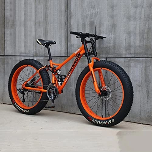 Fat Tyre Bike : PBTRM 26" Mountain Bikes, Fat Tire Mountain Bike, 21-27 Speed Bicycle, High-Carbon Steel Frame, Dual Full Suspension Dual Disc Brake Suspension Fork All Terrain Mountain Bike, E, 21