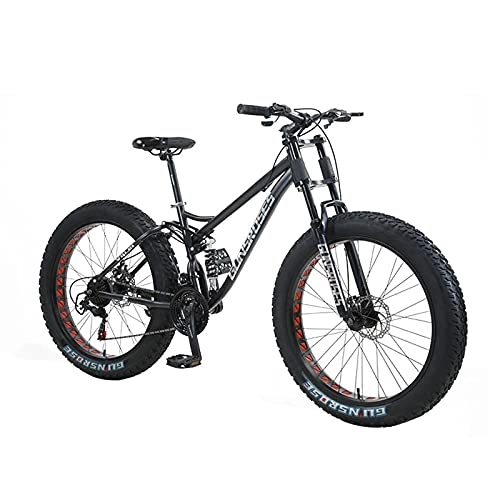 Fat Tyre Bike : PBTRM Fat Tire Mountain Bike for Men, Dual-Suspension Adult Mountain Trail Bikes, 24 / 26 Inch Wheels, 7 Speed, 4 Inch Knobby Tire, All Terrain Bicycle, Dual Disc Brake, Black, 26