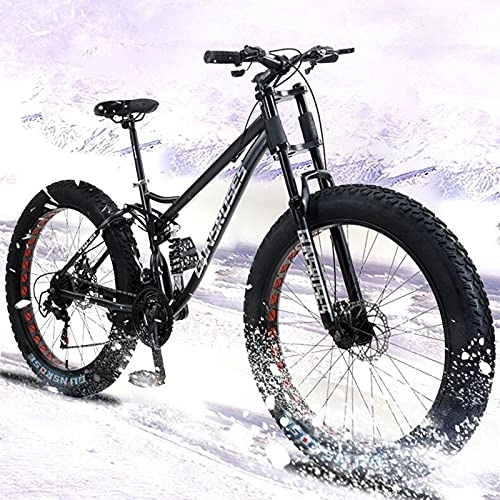 Fat Tyre Bike : PBTRM Fat Tire Mountain Bike with Full Suspension, Road Beach Snow Bike 24 / 26 Inch, 7 Speed High Carbon Steel Mountain Trail Bicycle, Dual Disc Brakes, Black, 26