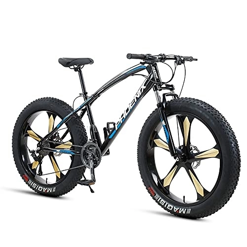 Fat Tyre Bike : PY Fat Tire Mountain Bike, 26-Inch Wheels, 4-Inch Wide Knobby Tires, 7 / 21 / 24 / 27 / 30-Speed, Mountain Trail Bike, Urban Commuter City Bicycle, Steel Frame / Black Blue / 26Inch 7Speed