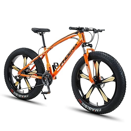 Fat Tyre Bike : PY Fat Tire Mountain Bike, 26-Inch Wheels, 4-Inch Wide Knobby Tires, 7 / 21 / 24 / 27 / 30-Speed, Mountain Trail Bike, Urban Commuter City Bicycle, Steel Frame / Orange / 26Inch 21Speed