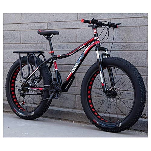 Fat Tyre Bike : Qinmo Adults Snow Beach Bicycle, Double Disc Brake 24 / 26 inch All Terrain Mountain Bike 4.0 Fat Tires Adjustable Seat (Color : Black Red)
