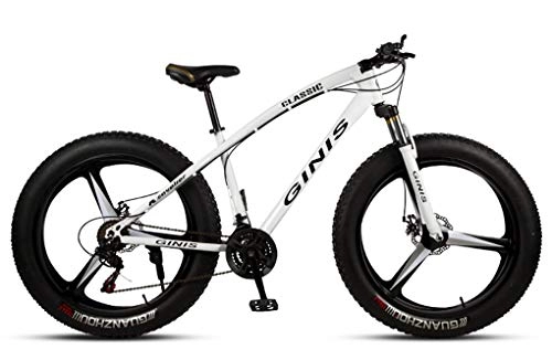 Fat Tyre Bike : Qj 26 Inch Mountain Bicycle, High-Carbon Steel Frame Fat Tire Mountain Trail Bike, Men's Womens Hardtail Mountain Bike with Dual Disc Brake, White, 30Speed