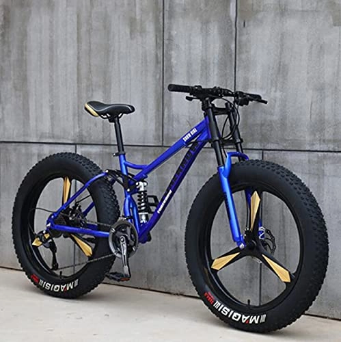 Fat Tyre Bike : SFSGH Mountain Bikes, 26 Inch Fat Tire Hardtail Mountain Bike, Dual Suspension Frame and Suspension Fork All Terrain Mountain Bike 3 blue wheels-7SPD