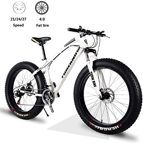 Fat Tyre Bike : Shirrwoy 26 Inch Fat Tire Mountain Bike Hardtail, Double Disc Brake High Carbon Steel Frame, 21 / 24 / 27 Speed With Front Suspension Adjustable Seat For Adult, White, 24 speed