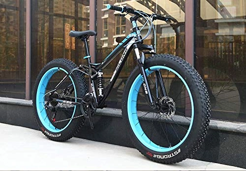 Fat Tyre Bike : W&HH SHOP Dual-Suspension Mountain Bikes with Dual Disc Brake, All Terrain Anti-Slip Fat Tire Mountain Bicycle MTB, High-carbon Steel Mountain Trail Bike, Blue, 26 Inch 24 Speed