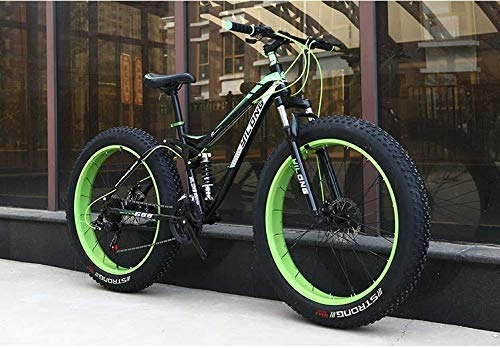 Fat Tyre Bike : W&HH SHOP Dual-Suspension Mountain Bikes with Dual Disc Brake, All Terrain Anti-Slip Fat Tire Mountain Bicycle MTB, High-carbon Steel Mountain Trail Bike, Green, 24 Inch 27 Speed