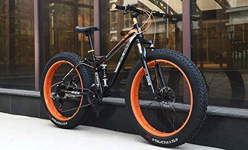 Fat Tyre Bike : W&HH SHOP Dual-Suspension Mountain Bikes with Dual Disc Brake, All Terrain Anti-Slip Fat Tire Mountain Bicycle MTB, High-carbon Steel Mountain Trail Bike, Orange, 26 Inch 24 Speed