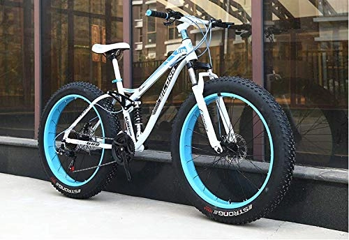 Fat Tyre Bike : W&HH SHOP Dual-Suspension Mountain Bikes with Dual Disc Brake, All Terrain Anti-Slip Fat Tire Mountain Bicycle MTB, High-carbon Steel Mountain Trail Bike, White, 26 Inch 21 Speed