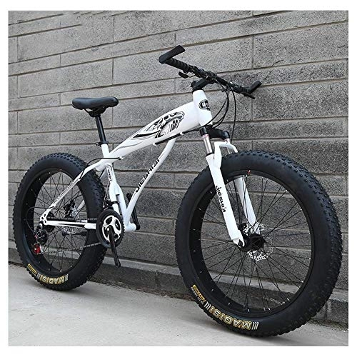 Fat Tyre Bike : WJSW Adult Mountain Bikes, Boys Girls Fat Tire Mountain Trail Bike, Dual Disc Brake Hardtail Mountain Bike, High-carbon Steel Frame, Bicycle, White A, 24 Inch 27 Speed