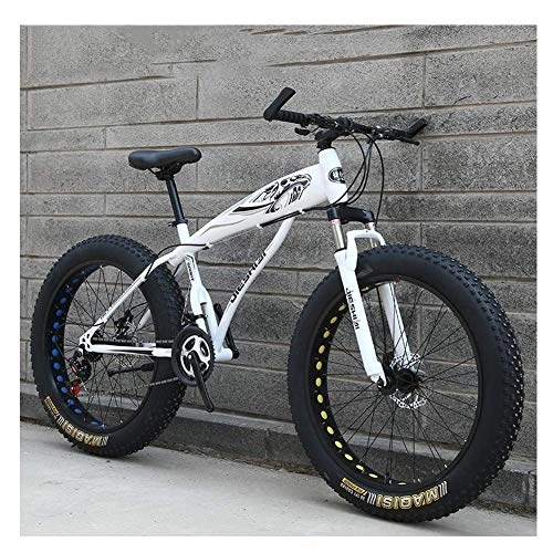 Fat Tyre Bike : WJSW Adult Mountain Bikes, Boys Girls Fat Tire Mountain Trail Bike, Dual Disc Brake Hardtail Mountain Bike, High-carbon Steel Frame, Bicycle, White C, 24 Inch 21 Speed