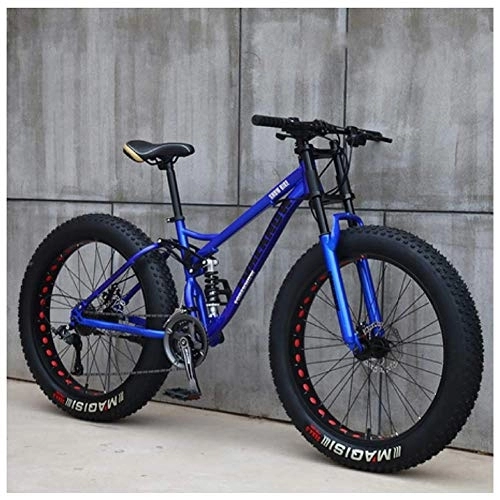 Fat Tyre Bike : WJSW Mountain Bikes, 26 Inch Fat Tire Hardtail Mountain Bike, Dual Suspension Frame and Suspension Fork All Terrain Mountain Bike, 21 Speed, Blue Spoke