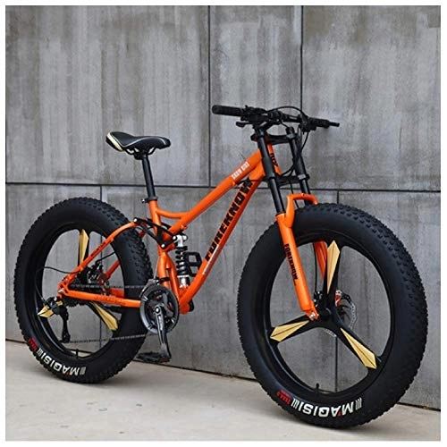 Fat Tyre Bike : WJSW Mountain Bikes, 26 Inch Fat Tire Hardtail Mountain Bike, Dual Suspension Frame and Suspension Fork All Terrain Mountain Bike, 21 Speed, Orange 3 Spoke