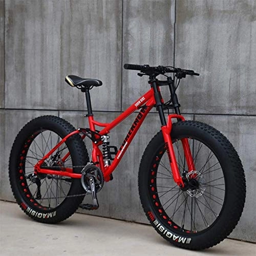 Fat Tyre Bike : WJSW Mountain Bikes, 26 Inch Fat Tire Hardtail Mountain Bike, Dual Suspension Frame and Suspension Fork All Terrain Mountain Bike, 24 Speed, Red Spoke