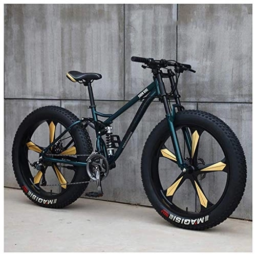 Fat Tyre Bike : WJSW Mountain Bikes, 26 Inch Fat Tire Hardtail Mountain Bike, Dual Suspension Frame and Suspension Fork All Terrain Mountain Bike, 27 Speed, Green 5 Spoke