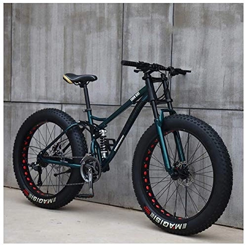 Fat Tyre Bike : WJSW Mountain Bikes, 26 Inch Fat Tire Hardtail Mountain Bike, Dual Suspension Frame and Suspension Fork All Terrain Mountain Bike, 27 Speed, Green Spoke