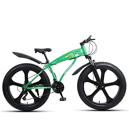 Fat Tyre Bike : WLWLEO Fat Tire Mountain Bike 26 Inch Wheels, 4-Inch Wide Tires, 21 / 24 / 27 Speed, Front and Rear Brakes, Carbon Steel Frame, Suspension Fork, Snow Anti-Slip Bicycle, Green, 24 speed