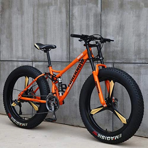 Fat Tyre Bike : WLWLEO Mountain Bike Bicycle for Adults Men and Women Full Suspension Mountain Bikes, High Carbon Steel Frame, Double Disc Brake, Fat Tire Dirt Bike, Orange, 26" 30 speed