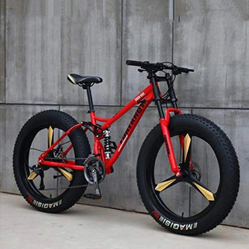 Fat Tyre Bike : WLWLEO Mountain Bike Bicycle for Adults Men and Women Full Suspension Mountain Bikes, High Carbon Steel Frame, Double Disc Brake, Fat Tire Dirt Bike, Red, 26" 21 speed