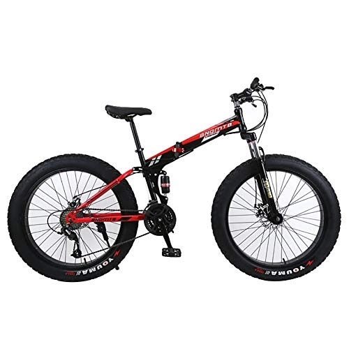 Fat Tyre Bike : WZJDY Folding Mountain Bike, 24in Fat Tires Snowmobile Bicycle with Double Disc Brake and Fork Rear Suspension, Black Red, 24 Speed