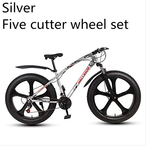 Fat Tyre Bike : xmb Silver five-cutter wheel set Adult off-road bicycles, men and women mountain bikes with full suspension, fat tires high carbon steel suspension youth men and women mountain bikes (21-speed)