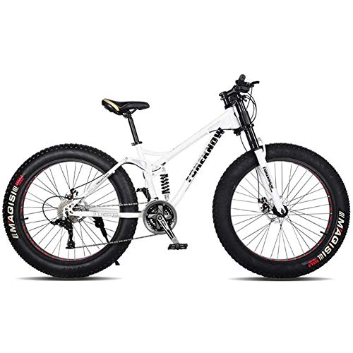 Fat Tyre Bike : XRQ Fat Tire Mens Mountain Bike, Carbon 24" 26" Mountain Bike Full Suspension Trail Bike 24-Speed Dual Disc Brakes MTB Bike High-Tensile Steel Frame, White, 26IN