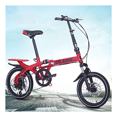 Folding Bike : 14 / 16 Inch Orange / Red Folding Bike for Adult, High Carbon Steel 6 Variable Speed Shock Absorption, Adult Students And Children, Portable, Red, 14inch
