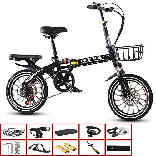 Folding Bike : 16 / 20in Folding Bike Ladies Adult Variable Speed Foldable Bike Disc Brake Portable Damping Folding City Bicycle, Black, 16inches