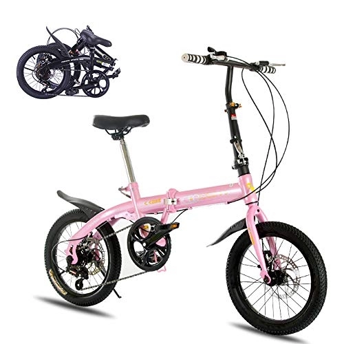 Folding Bike : 16 Inch Folding Bicycle Aluminum Frame Variable Speed Disc Brake Student Compact Bike, Pink