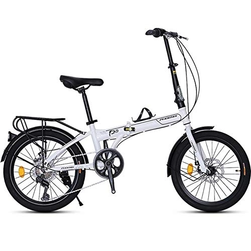 Folding Bike : 20" Folding Bike, Adults Men Women 7 Speed Lightweight Portable Bikes, High-carbon Steel Frame, Foldable Bicycle with Rear Carry Rack, White FDWFN (Color : White)
