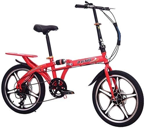 Folding Bike : 20 Inch Folding Bicycle - Shock Absorption Double Disc Brakes Shift One Wheel Male And Female Students Adult Bicycle, Black (Color : Red)