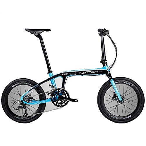 Folding Bike : 20-Inch Folding Speed Bicycle - Adult Folding Bicycle - Carbon Fiber Folding Bicycle BMX 20 Inch 16 Speed Double Disc Brake Light Portable Bicycle, Blue