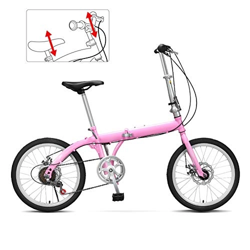 Folding Bike : 20 Inches Lightweight Folding MTB Bike, Foldable City Commuter Bicycles, 6 Speed Mens Womens Mountain Bike, Double Disc Brake / Pink