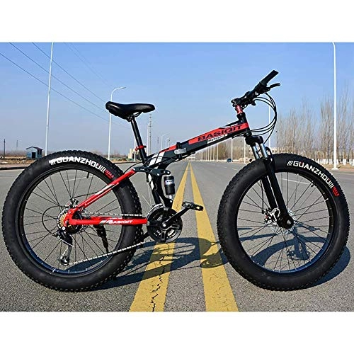 Folding Bike : 21 Speed Mountain Bike 26 * 4.0 Fat Tire Bikes Shock Absorbers Bicycle Snow Bike, Folding Variable Off-Road Beach Snowmobile 4.0 Super Wide Tires, Red, 24