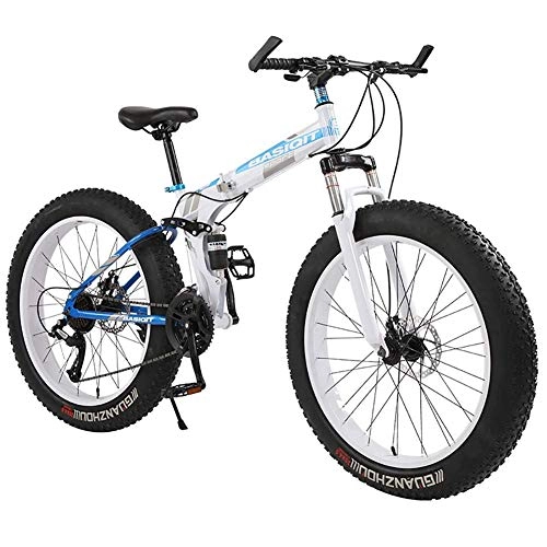 Folding Bike : 21 Speed Mountain Bike 26 * 4.0 Fat Tire Bikes Shock Absorbers Bicycle Snow Bike, Folding Variable Off-Road Beach Snowmobile 4.0 Super Wide Tires, White, 26